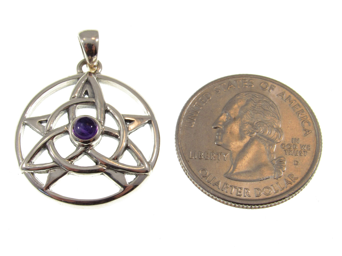 Solid 925 Sterling Silver Pentacle Pendant, Celtic Trinity Knot Gemstone Amulet, Amethyst Garnet Moonstone