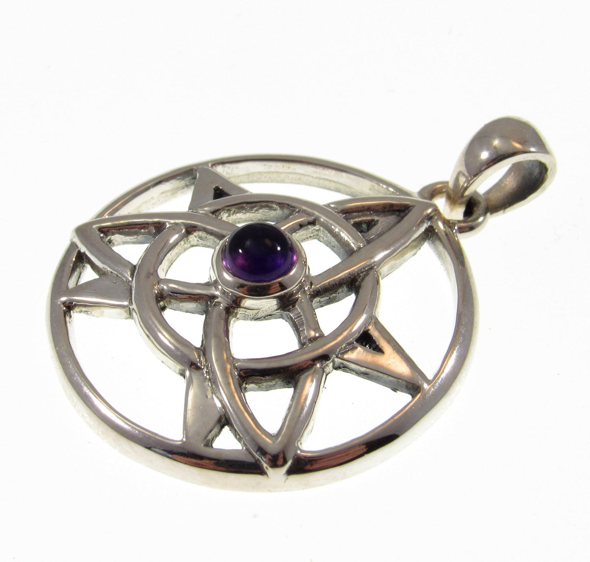 Solid 925 Sterling Silver Pentacle Pendant, Celtic Trinity Knot Gemstone Amulet, Amethyst Garnet Moonstone