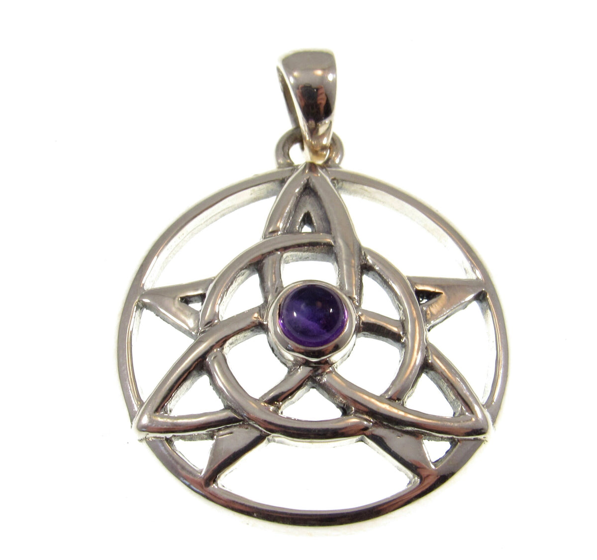 Solid 925 Sterling Silver Pentacle Pendant, Celtic Trinity Knot Gemstone Amulet, Amethyst Garnet Moonstone