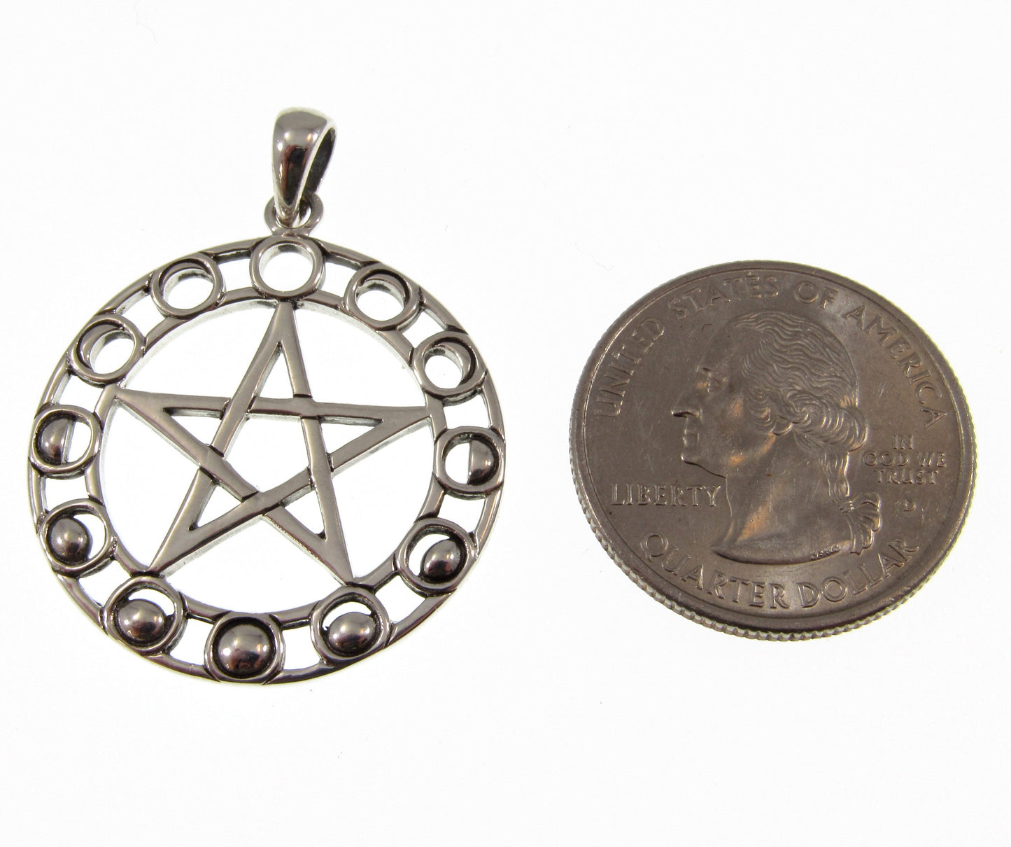 Solid 925 Sterling Silver Moon Phase Pentacle Pendant, Maxine Miller Pagan Wiccan Lunar Amulet