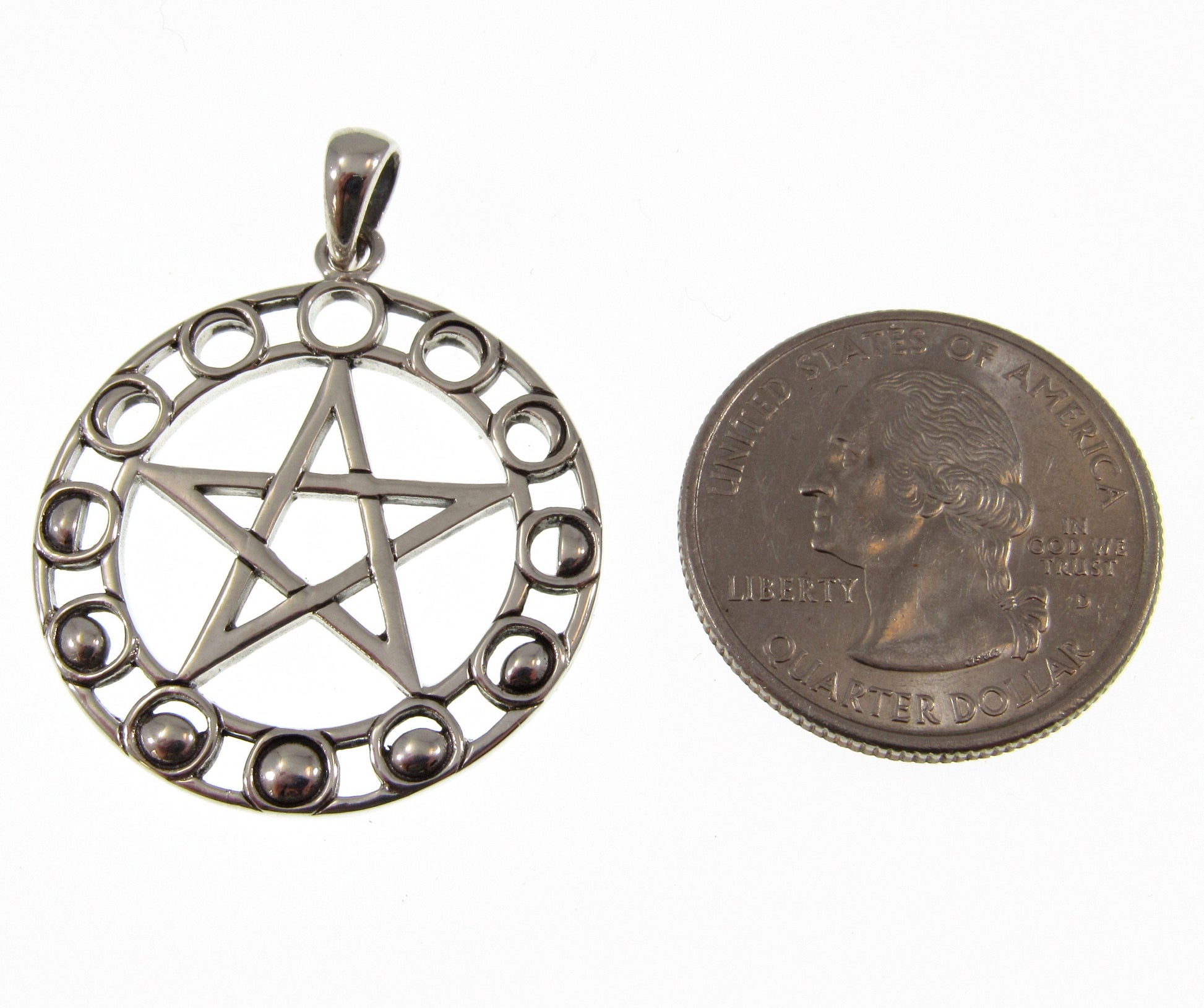 Solid 925 Sterling Silver Moon Phase Pentacle Pendant, Maxine Miller Pagan Wiccan Lunar Amulet