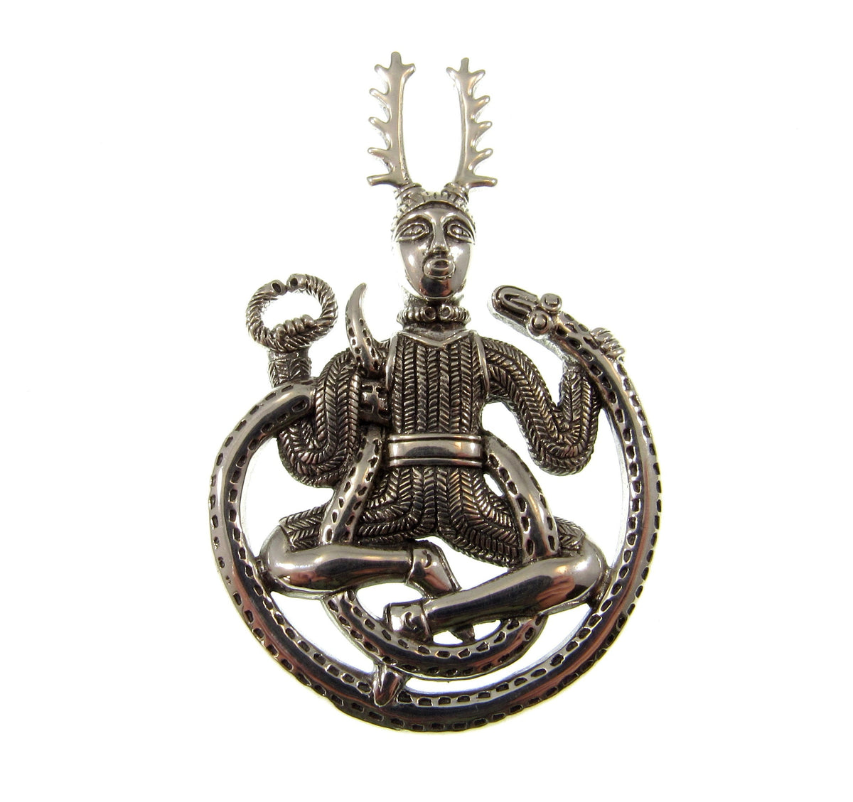 Solid 925 Sterling Silver Celtic God of the Underworld Cernunnos Pendant, Master of the Hunt, Horned God Amulet, 18k Gold Accent Jewelry