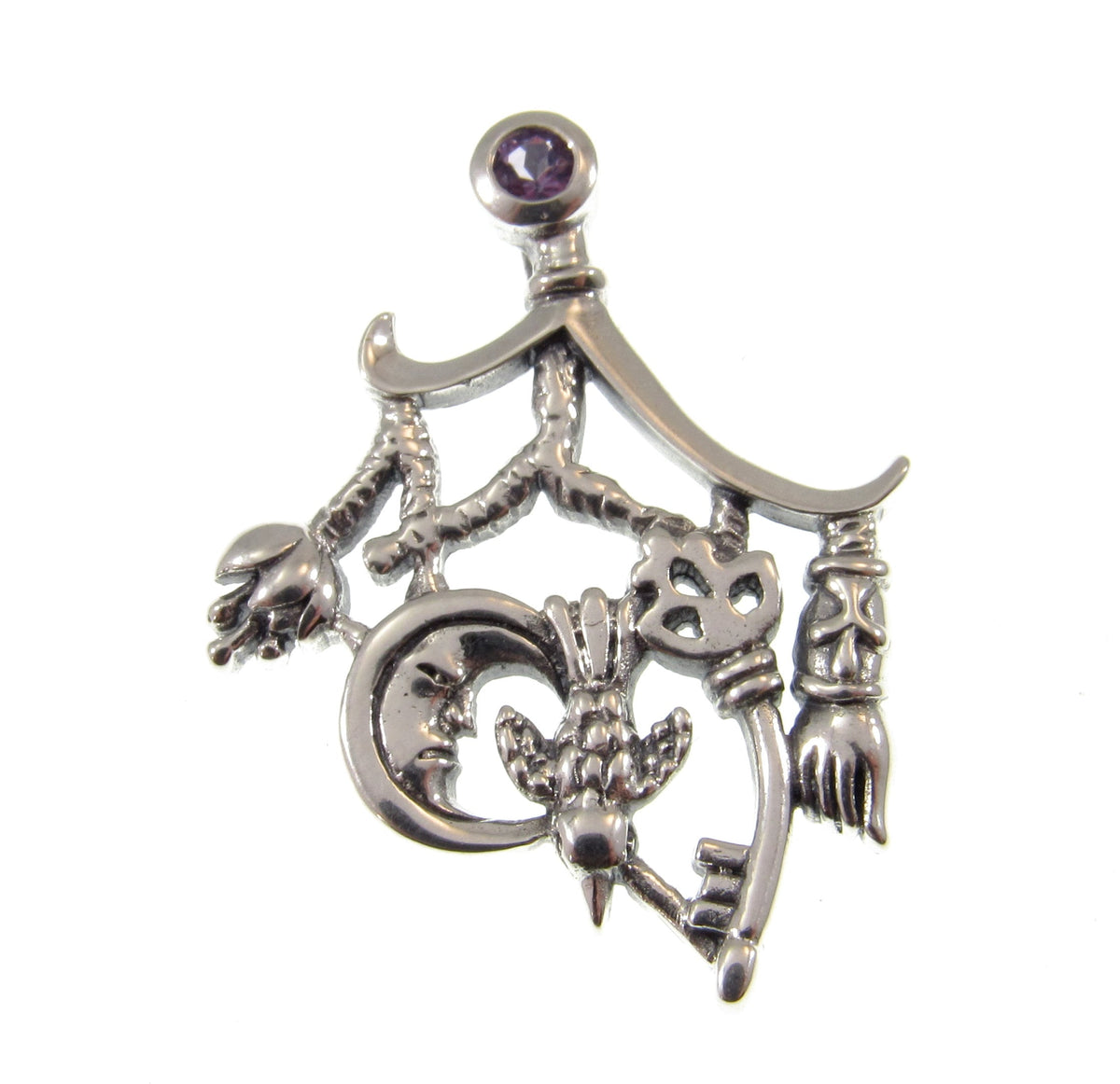 Solid 925 Sterling Silver Italian Cimaruta Witch Pendant – Amethyst Garnet Moonstone or Topaz