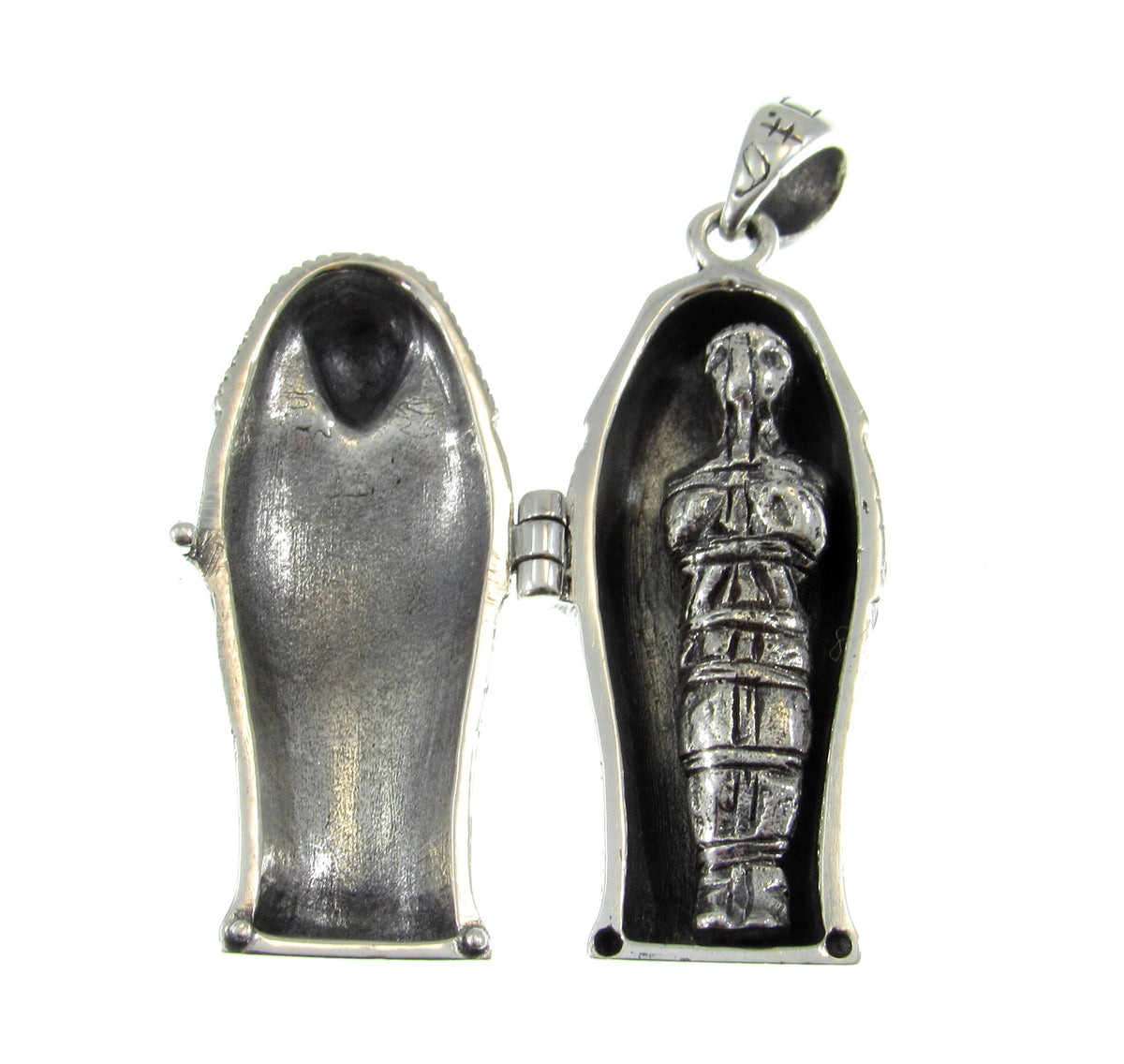 Solid 925 Sterling Silver Egyptian Hinged Sarcophagus with Hidden Mummy Pendant, Ancient Pharaoh Revealed