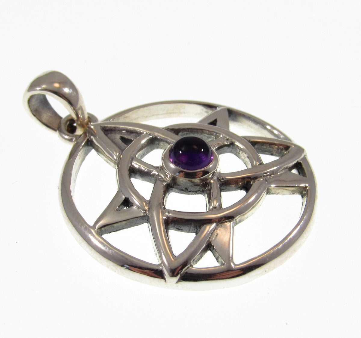 Solid 925 Sterling Silver Pentacle Pendant, Celtic Trinity Knot Gemstone Amulet, Amethyst Garnet Moonstone
