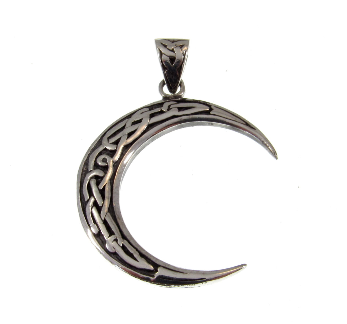 Solid 925 Sterling Silver Crescent Moon Pendant with Celtic Knotwork, Lunar Pagan Amulet