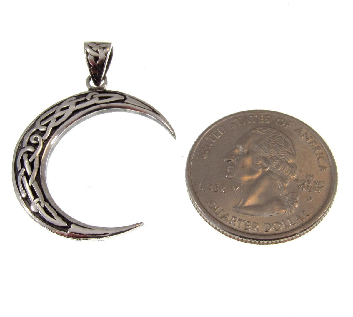 Solid 925 Sterling Silver Crescent Moon Pendant with Celtic Knotwork, Lunar Pagan Amulet