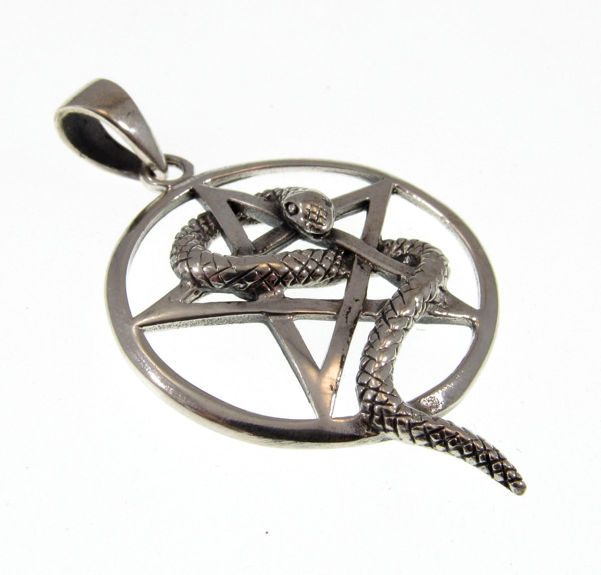 Solid 925 Sterling Silver Snake Pentagram Pendant, Serpent Wrapped Pentacle Pagan Amulet