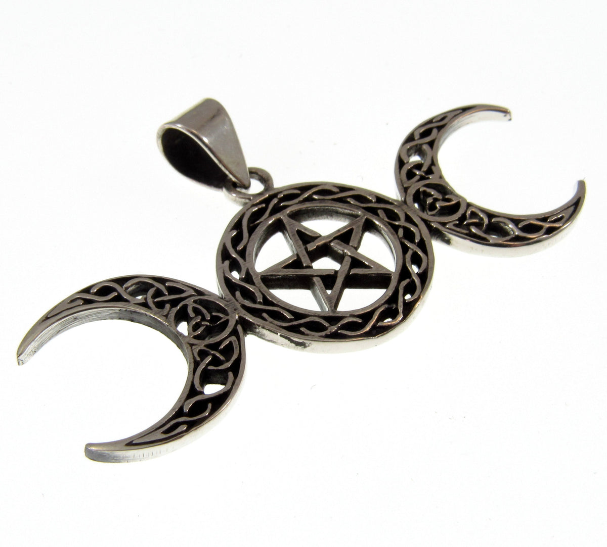 Solid 925 Sterling Silver Triple Moon Pentacle Pendant – Celtic Knot Goddess Moon Necklace Amulet