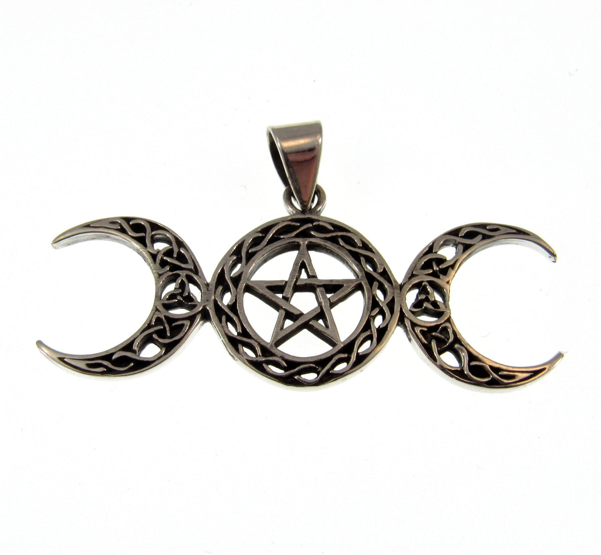 Solid 925 Sterling Silver Triple Moon Pentacle Pendant – Celtic Knot Goddess Moon Necklace Amulet
