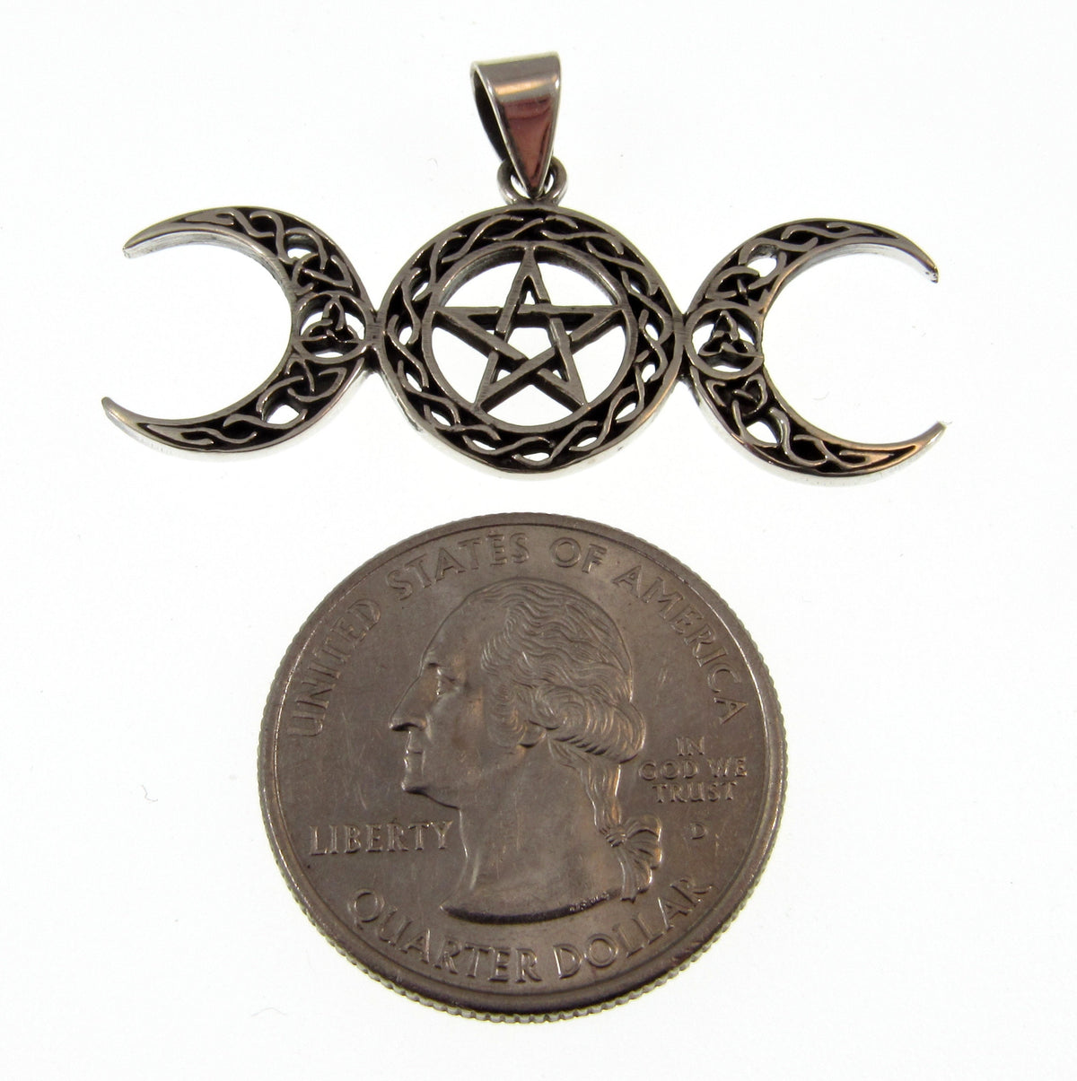 Solid 925 Sterling Silver Triple Moon Pentacle Pendant – Celtic Knot Goddess Moon Necklace Amulet