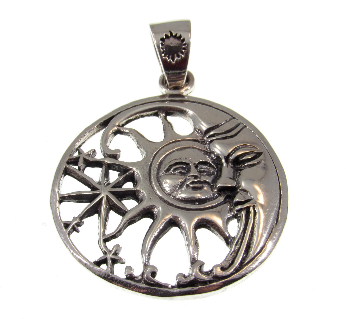 Solid 925 Sterling Silver Sun and Moon Face Pendant, Cosmic Stars Jewelry, Astrology Amulet