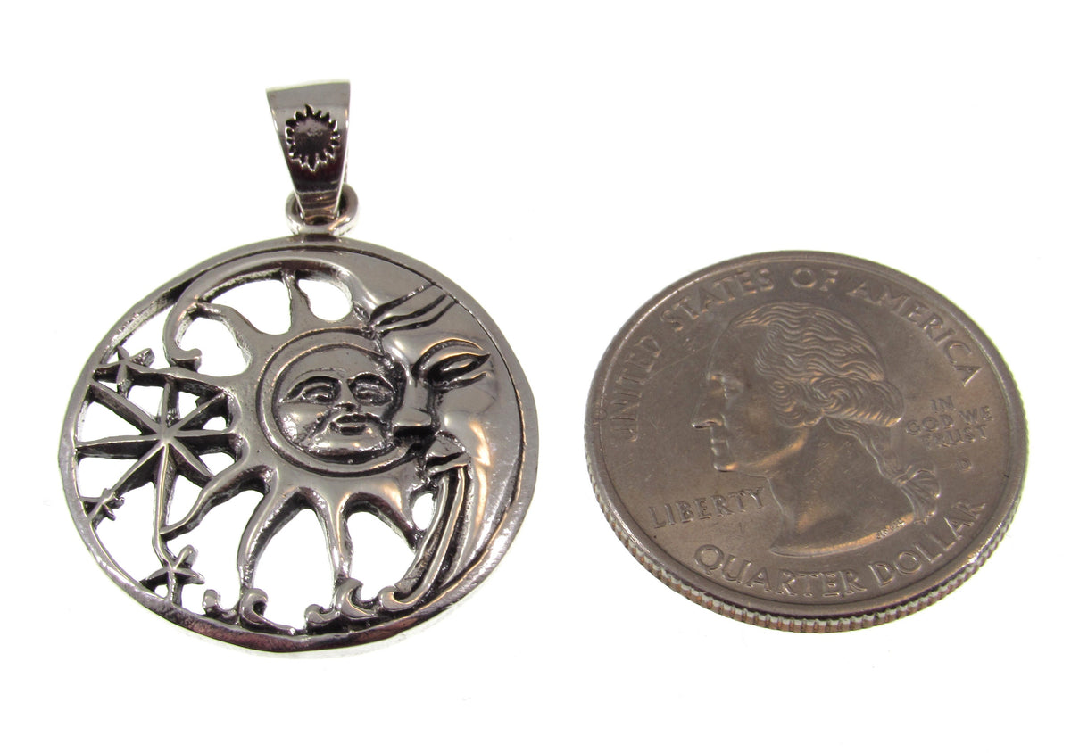 Solid 925 Sterling Silver Sun and Moon Face Pendant, Cosmic Stars Jewelry, Astrology Amulet