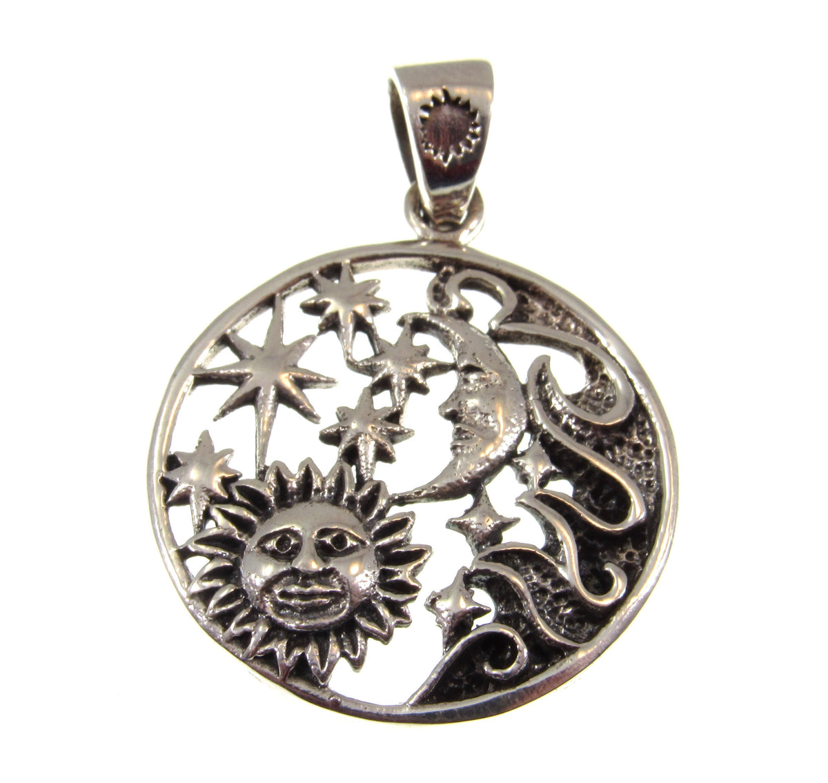 Solid 925 Sterling Silver Sun Moon Stars Pendant with Cosmic Waves, Celestial Astrology Jewelry