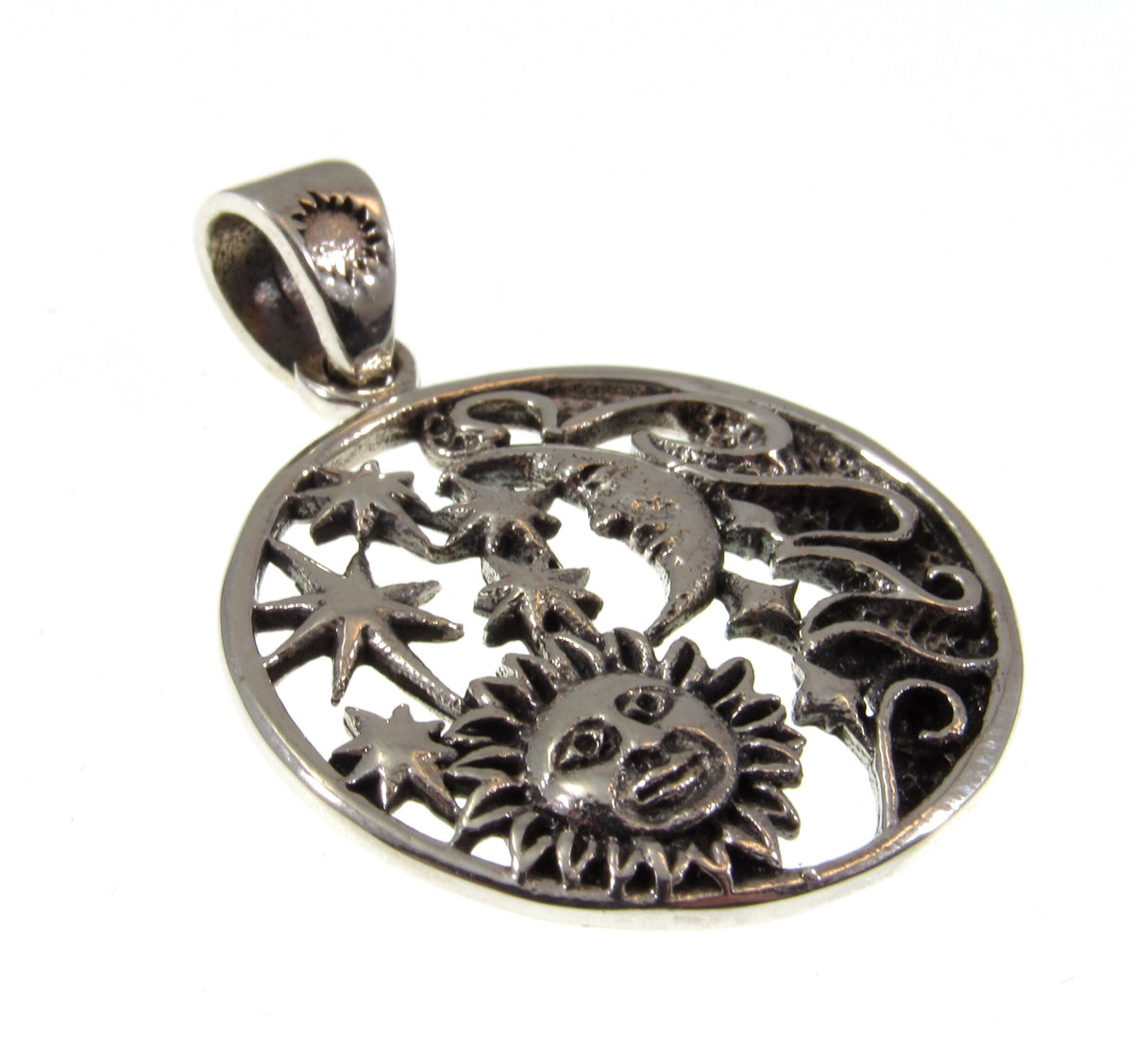 Solid 925 Sterling Silver Sun Moon Stars Pendant with Cosmic Waves, Celestial Astrology Jewelry