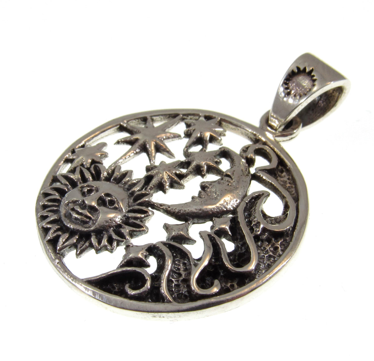 Solid 925 Sterling Silver Sun Moon Stars Pendant with Cosmic Waves, Celestial Astrology Jewelry