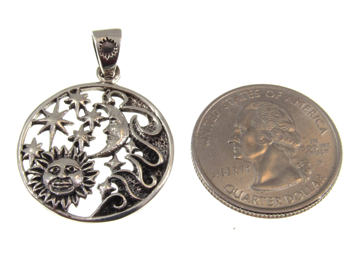 Solid 925 Sterling Silver Sun Moon Stars Pendant with Cosmic Waves, Celestial Astrology Jewelry