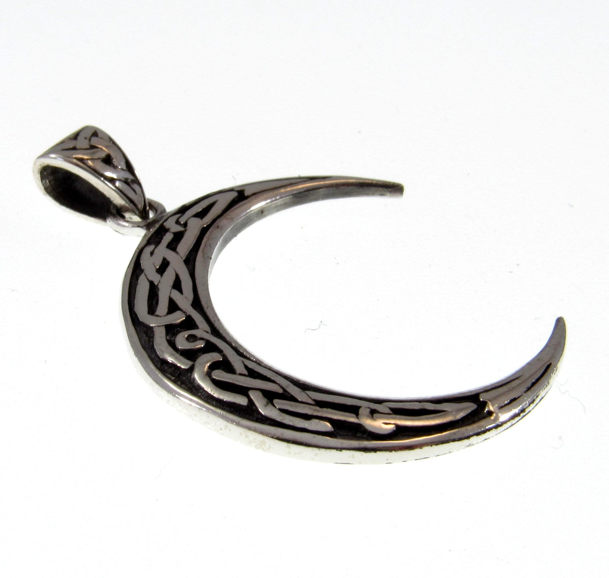 Solid 925 Sterling Silver Crescent Moon Pendant with Celtic Knotwork, Lunar Pagan Amulet