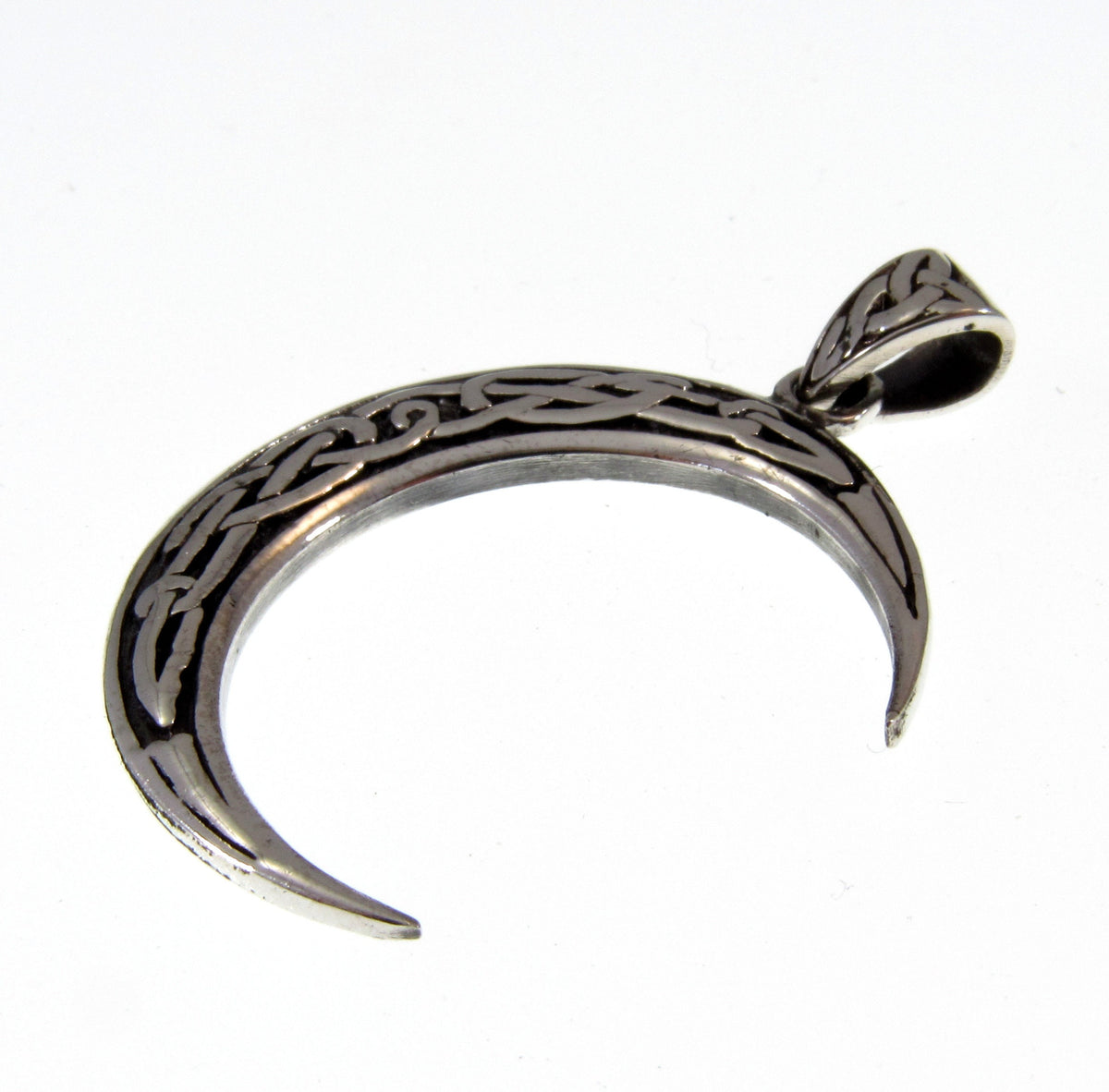 Solid 925 Sterling Silver Crescent Moon Pendant with Celtic Knotwork, Lunar Pagan Amulet