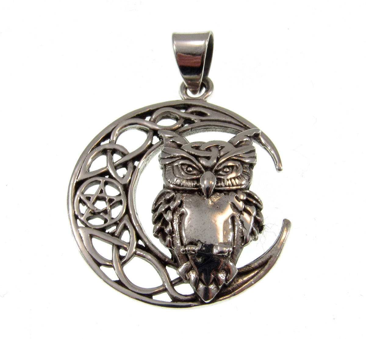Solid 925 Sterling Silver Celtic Moon & Owl Pentacle Pendant, Pagan Woodland Owl Necklace Amulet