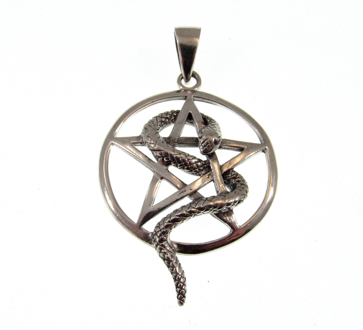 Solid 925 Sterling Silver Snake Pentagram Pendant, Serpent Wrapped Pentacle Pagan Amulet