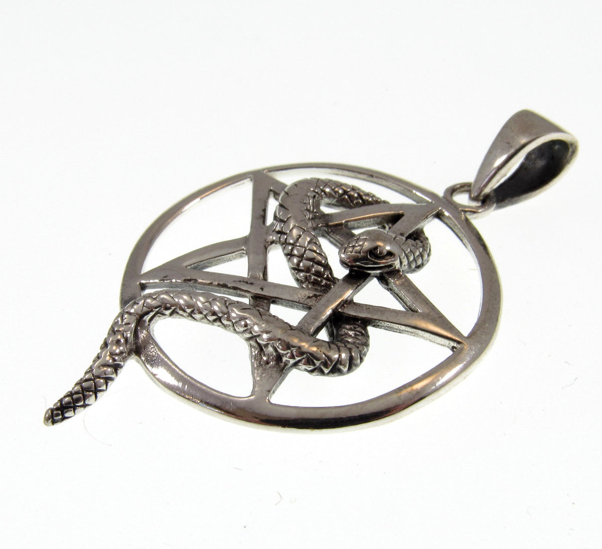 Solid 925 Sterling Silver Snake Pentagram Pendant, Serpent Wrapped Pentacle Pagan Amulet