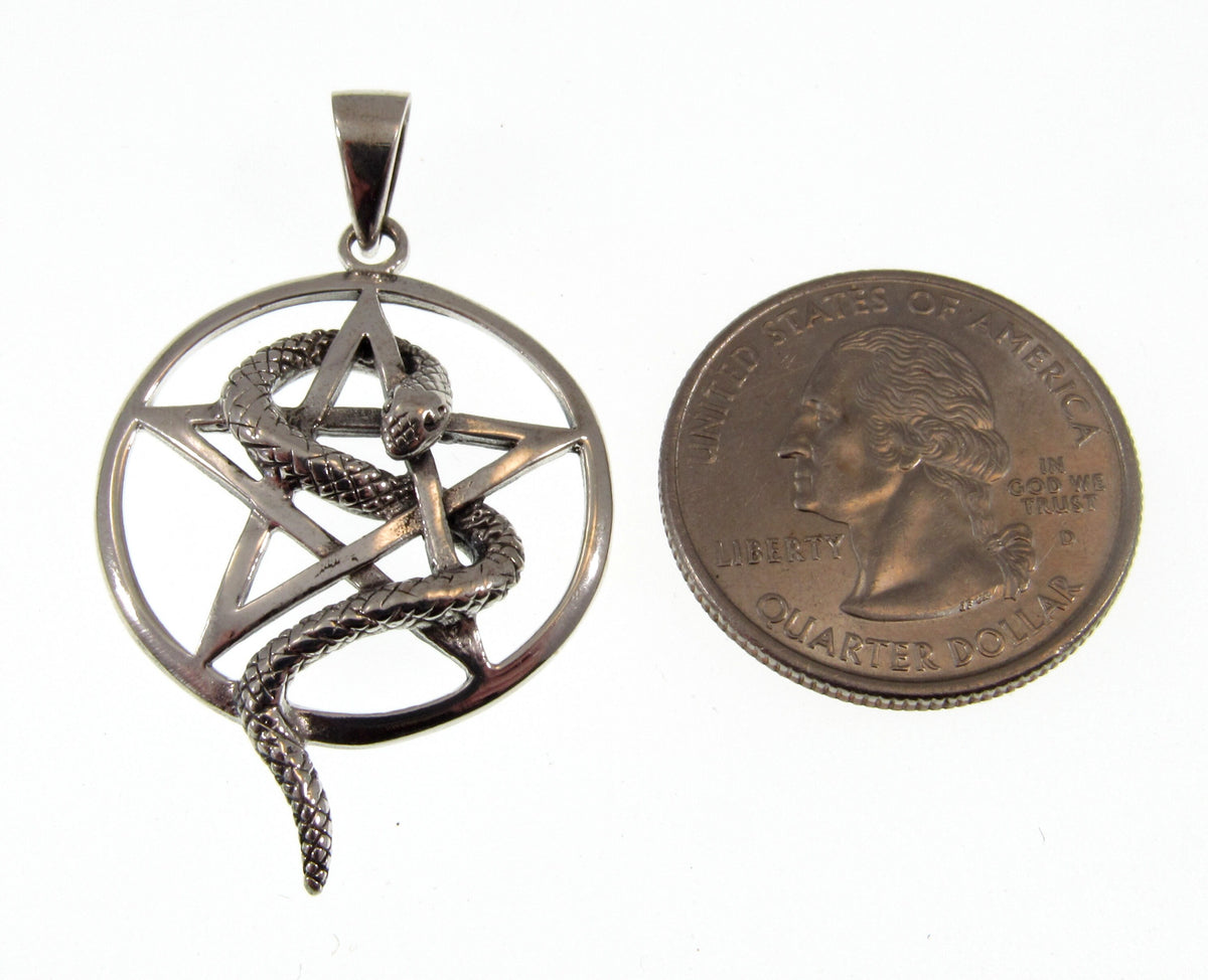 Solid 925 Sterling Silver Snake Pentagram Pendant, Serpent Wrapped Pentacle Pagan Amulet