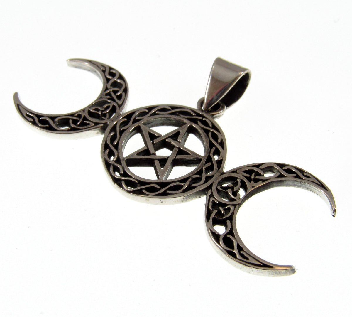 Solid 925 Sterling Silver Triple Moon Pentacle Pendant – Celtic Knot Goddess Moon Necklace Amulet