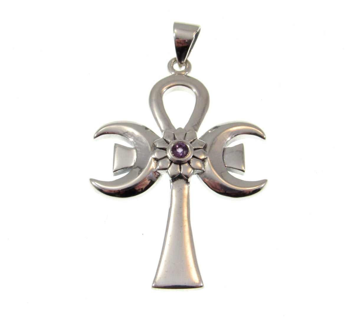Solid 925 Sterling Silver Triple Moon Goddess Ankh, Amethyst Pendant, Egyptian Symbol