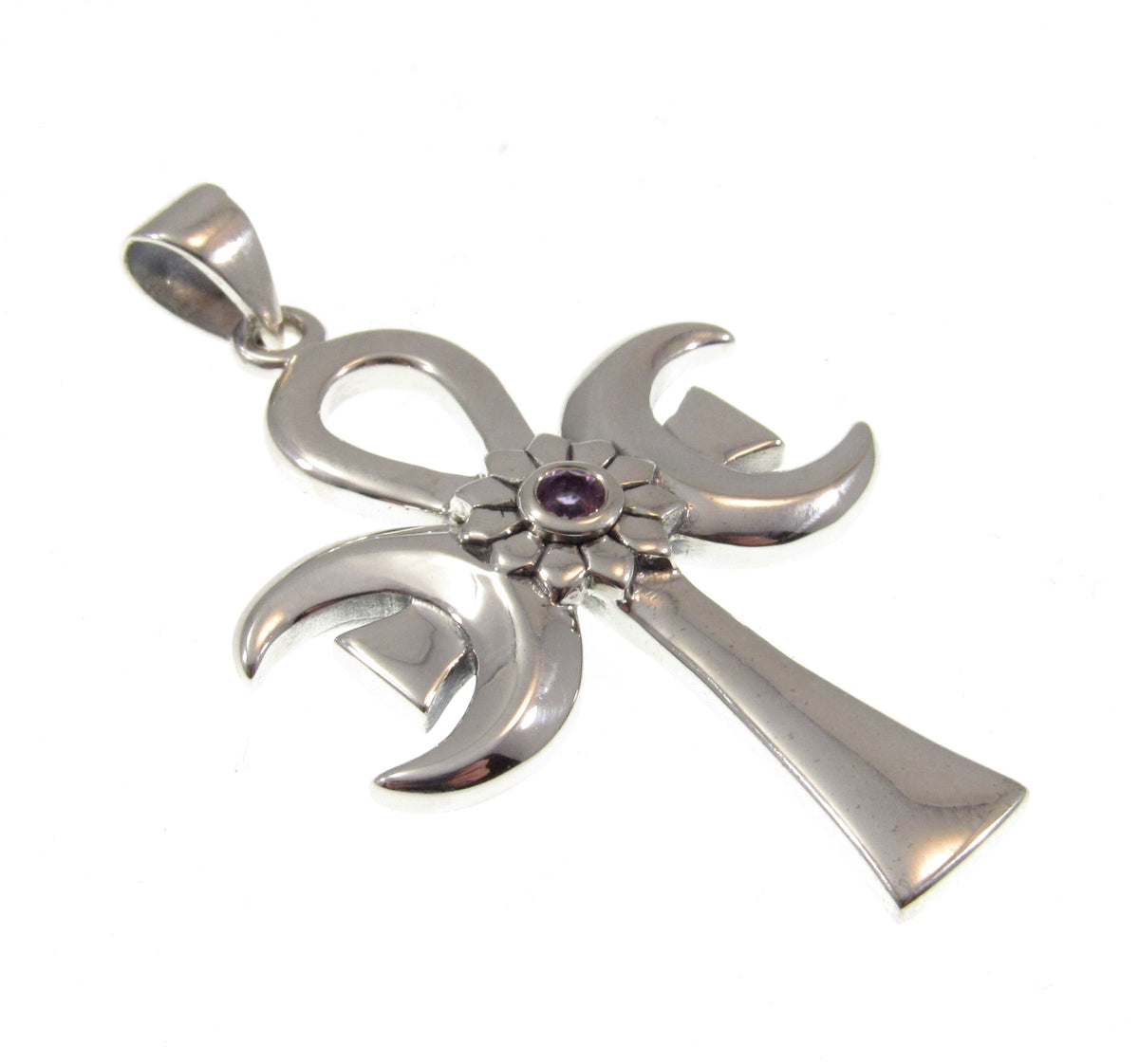 Solid 925 Sterling Silver Triple Moon Goddess Ankh, Amethyst Pendant, Egyptian Symbol