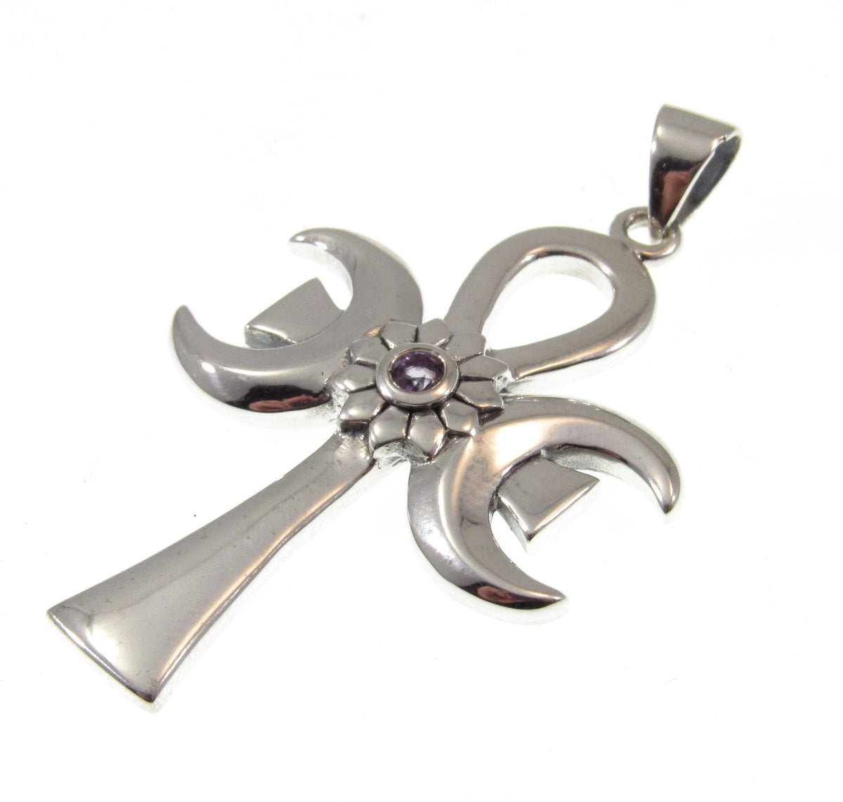 Solid 925 Sterling Silver Triple Moon Goddess Ankh, Amethyst Pendant, Egyptian Symbol