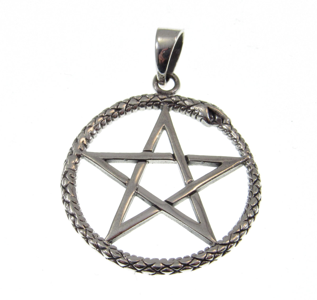 Solid 925 Sterling Silver Ouroboros Pentagram Pendant, Wiccan Protection Pentacle Amulet, Pagan Jewelry