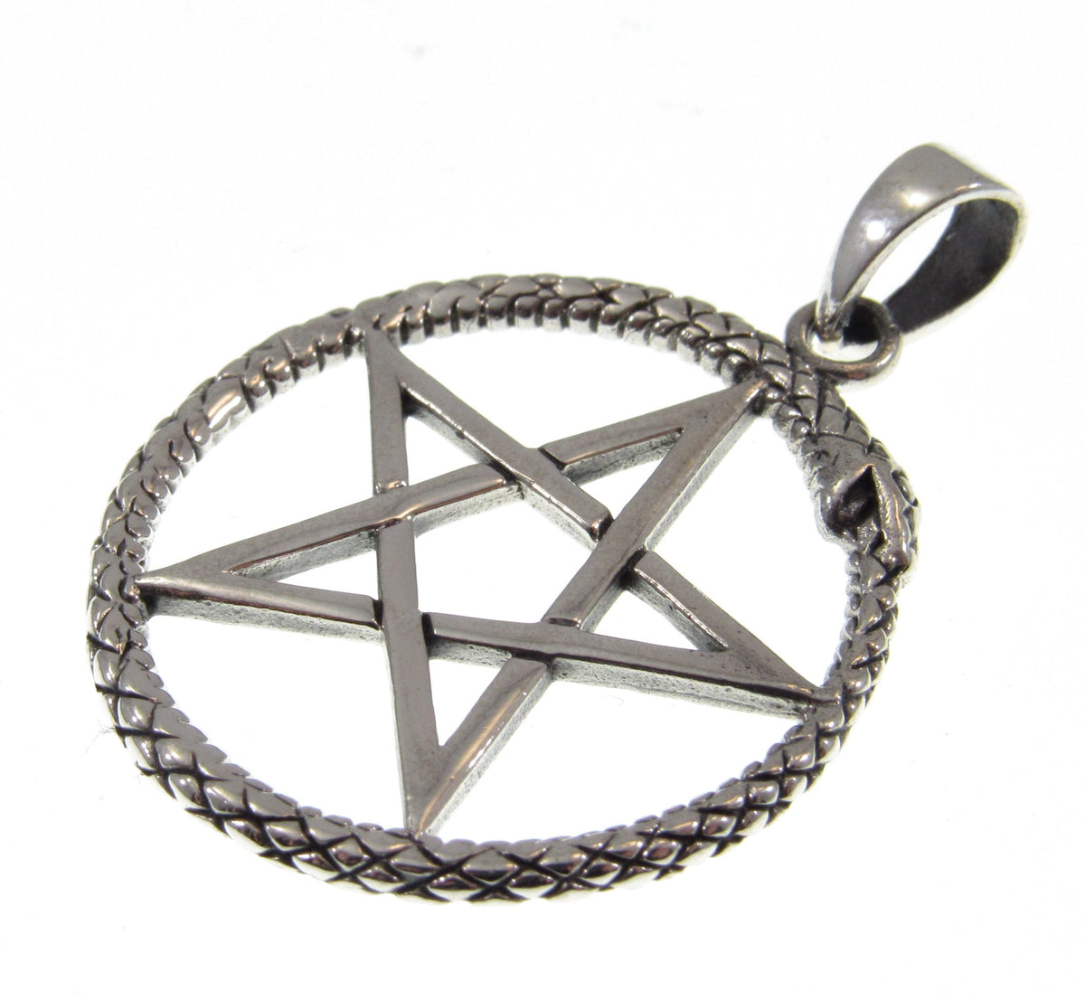 Solid 925 Sterling Silver Ouroboros Pentagram Pendant, Wiccan Protection Pentacle Amulet, Pagan Jewelry
