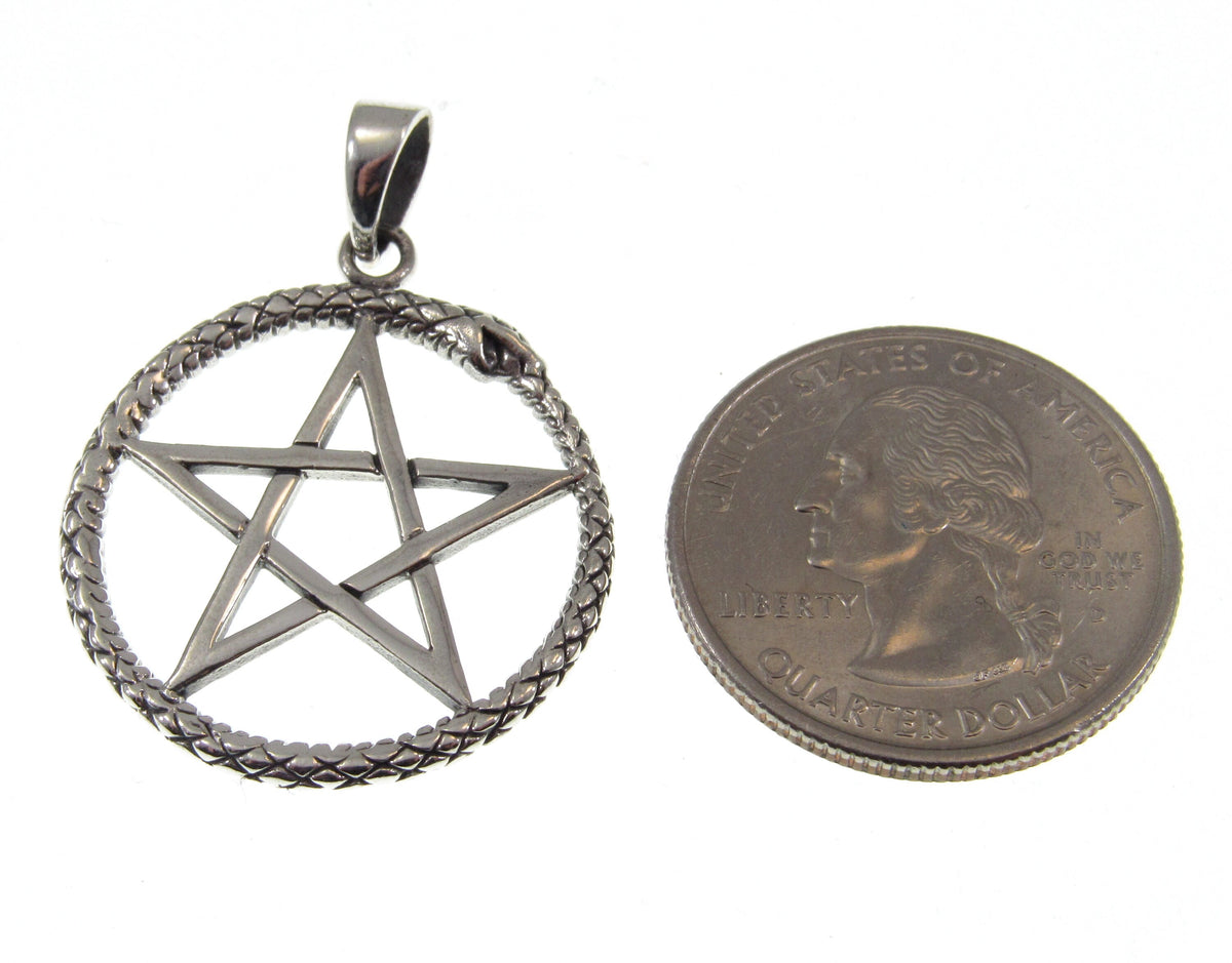 Solid 925 Sterling Silver Ouroboros Pentagram Pendant, Wiccan Protection Pentacle Amulet, Pagan Jewelry