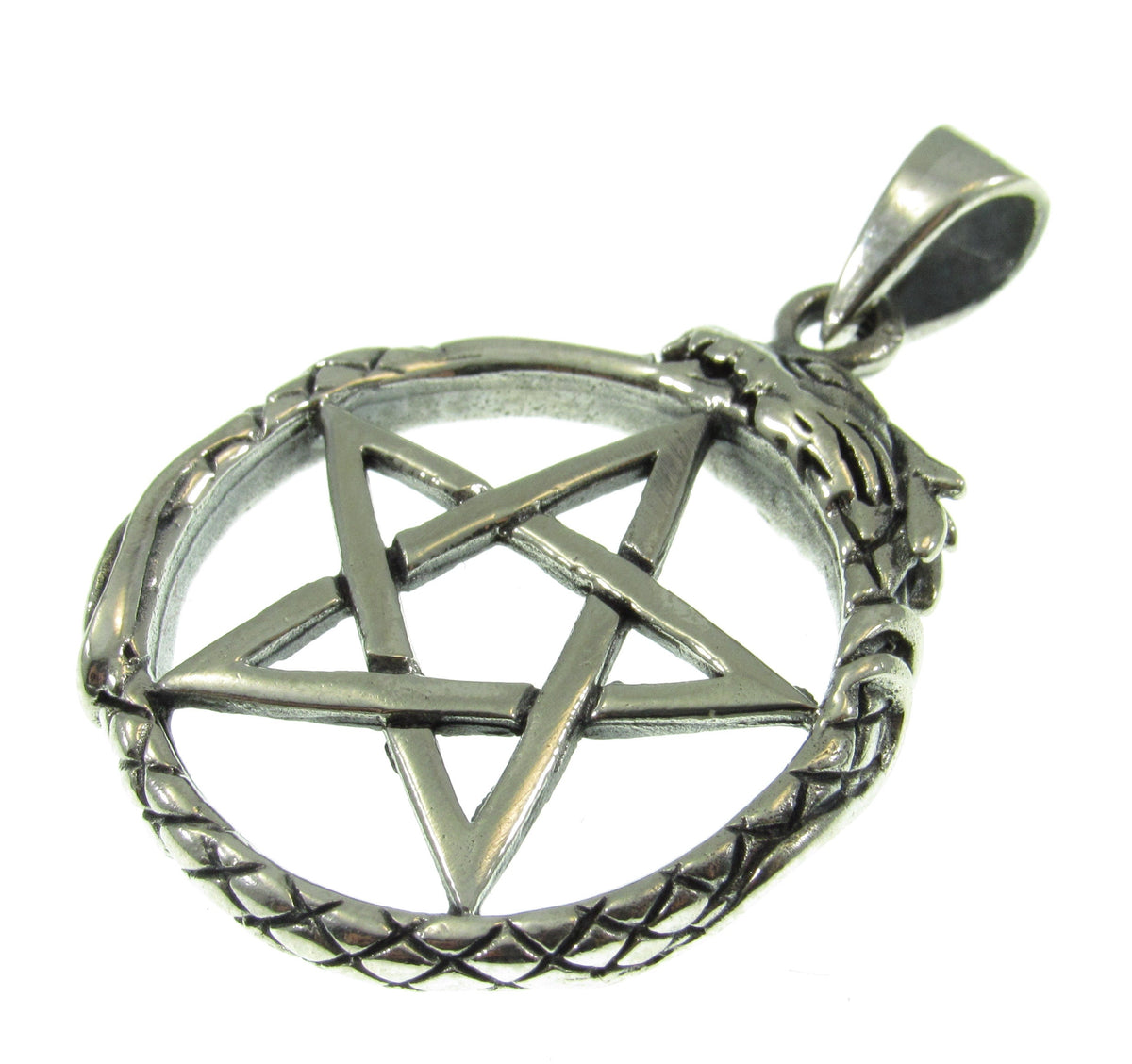 Solid 925 Sterling Silver Ouroboros Pentacle Pendant, Serpent Petagram, Pagan Amulet, Occult Jewelry