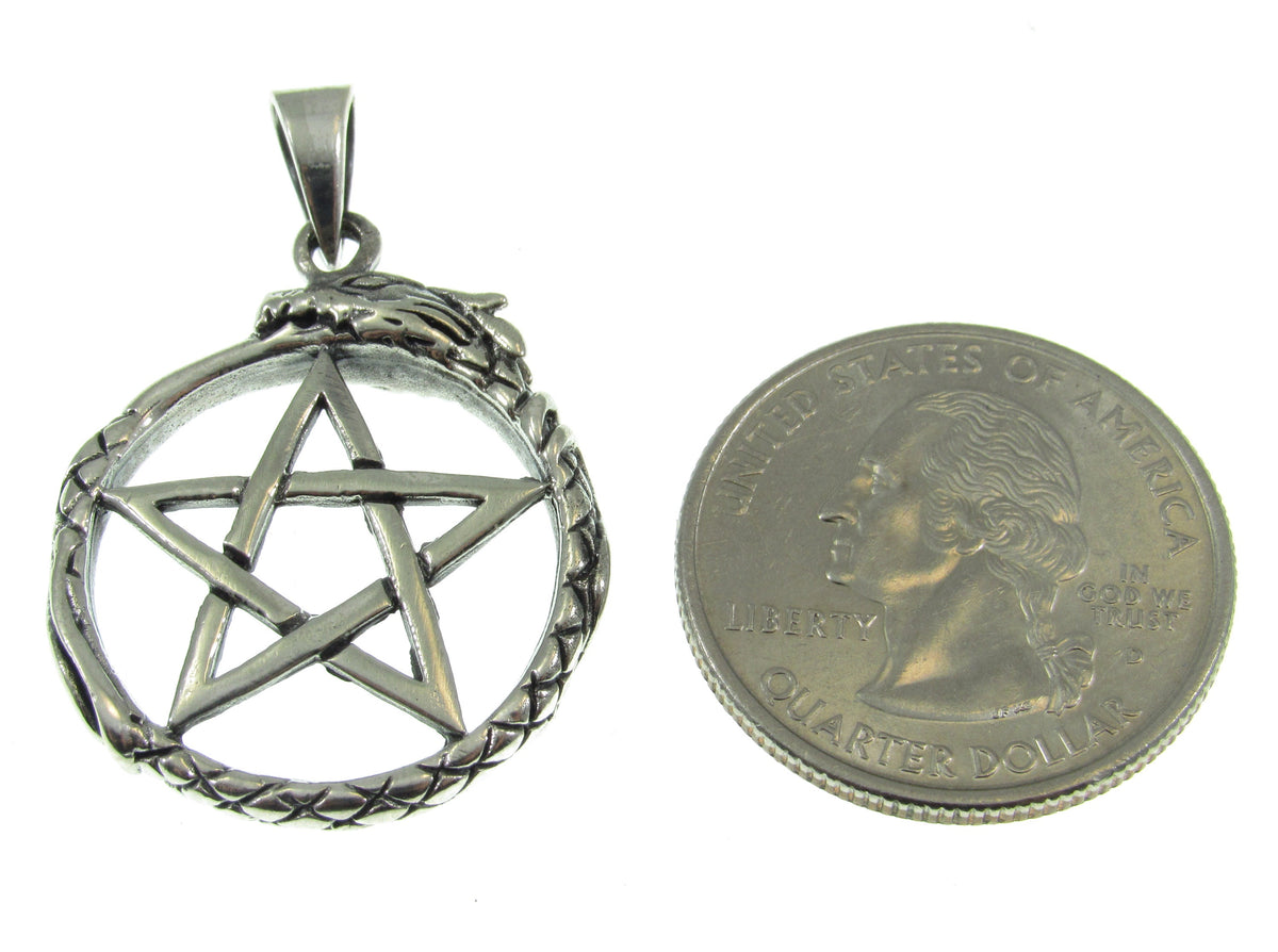 Solid 925 Sterling Silver Ouroboros Pentacle Pendant, Serpent Petagram, Pagan Amulet, Occult Jewelry