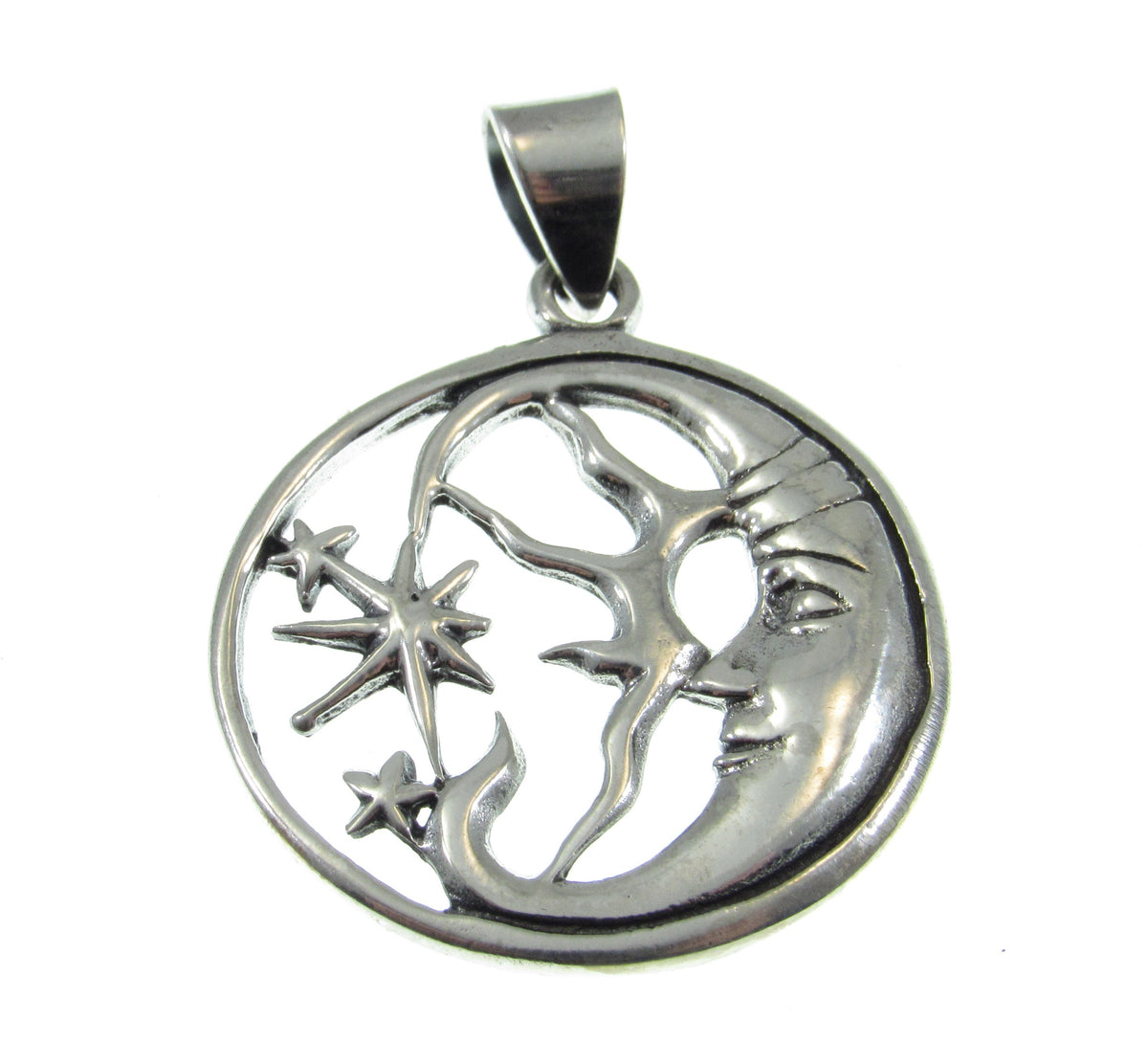 Solid 925 Sterling Silver Crescent Moon Face Pendant, Celestial Stars Amulet, Astrology Jewelry