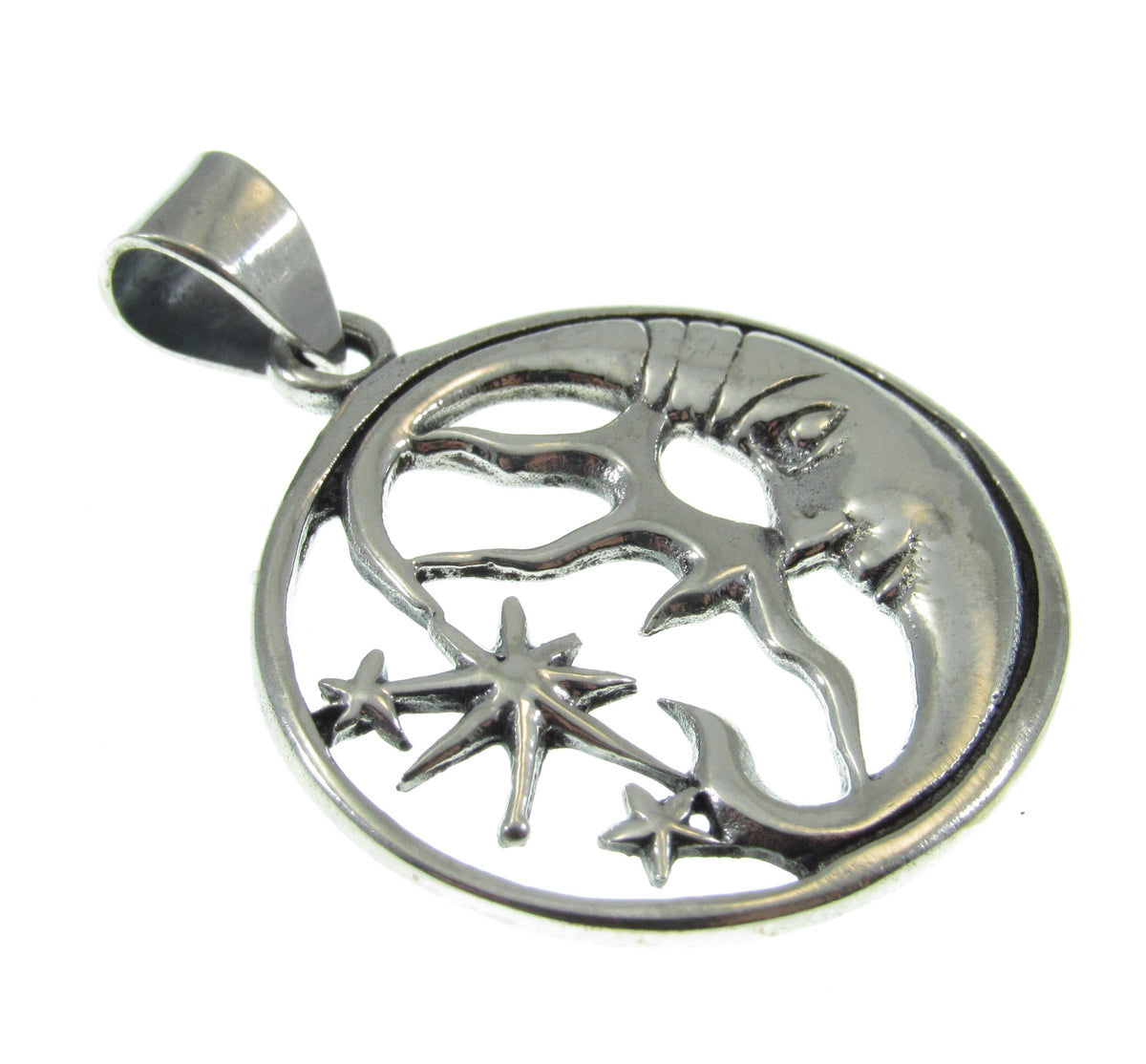 Solid 925 Sterling Silver Crescent Moon Face Pendant, Celestial Stars Amulet, Astrology Jewelry