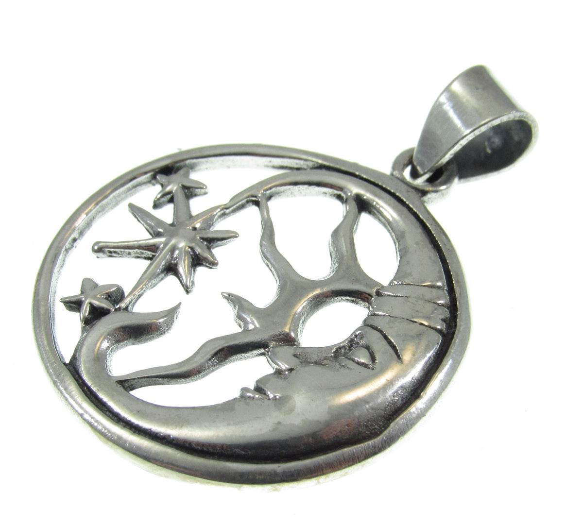 Solid 925 Sterling Silver Crescent Moon Face Pendant, Celestial Stars Amulet, Astrology Jewelry