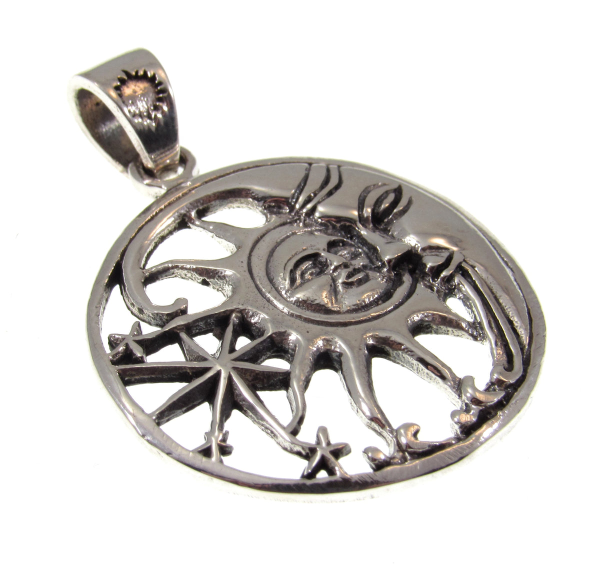 Solid 925 Sterling Silver Sun and Moon Face Pendant, Cosmic Stars Jewelry, Astrology Amulet