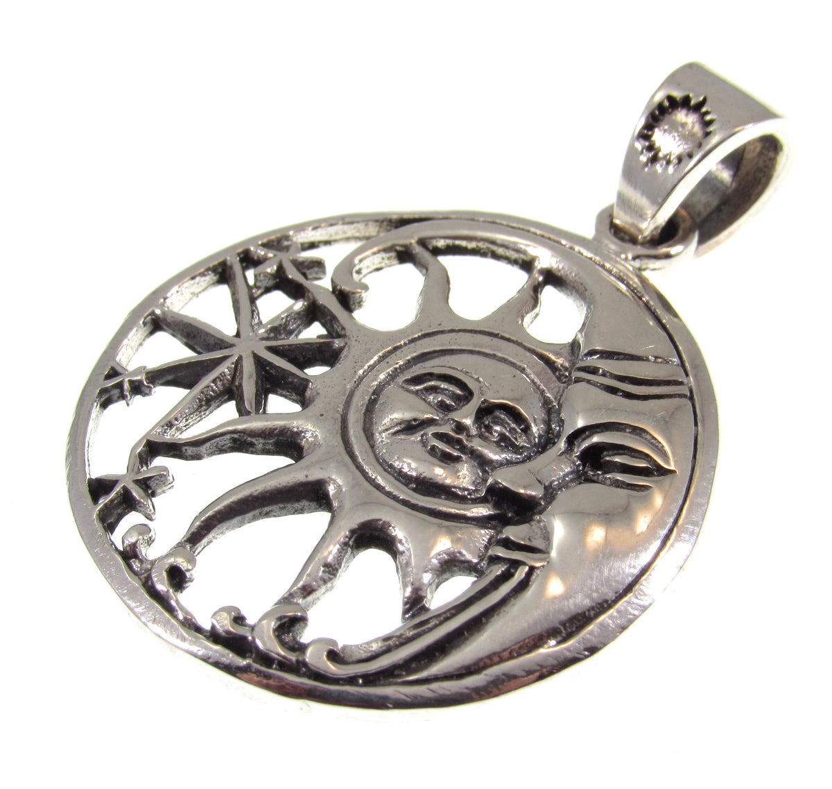 Solid 925 Sterling Silver Sun and Moon Face Pendant, Cosmic Stars Jewelry, Astrology Amulet