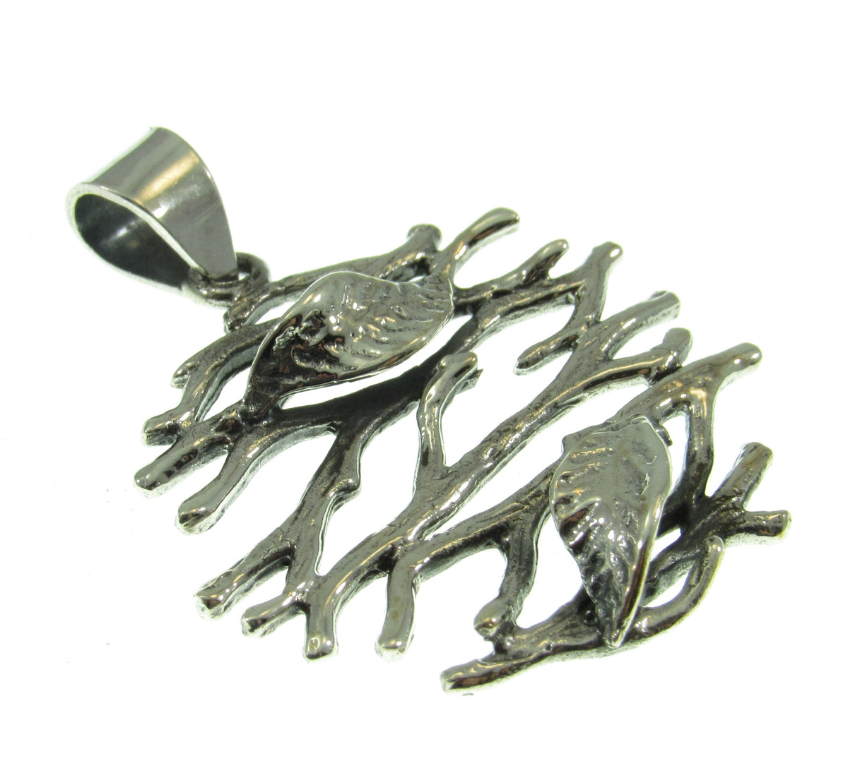 Solid 925 Sterling Silver Twig and Leaf, Leaves and Branches Pendant