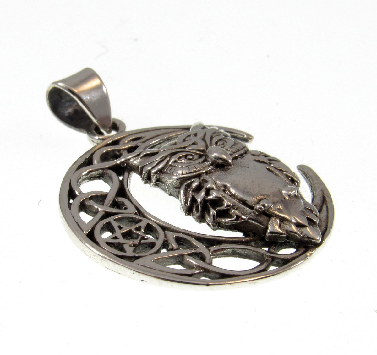 Solid 925 Sterling Silver Celtic Moon & Owl Pentacle Pendant, Pagan Woodland Owl Necklace Amulet