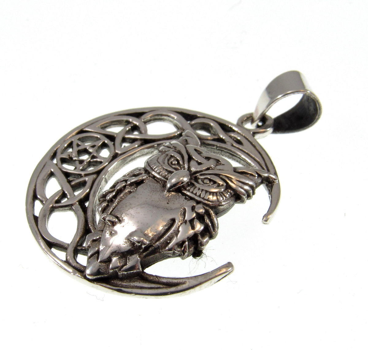 Solid 925 Sterling Silver Celtic Moon & Owl Pentacle Pendant, Pagan Woodland Owl Necklace Amulet