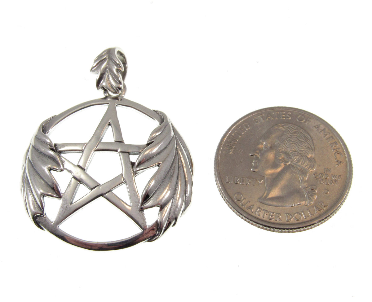 Solid 925 Sterling Silver Pentacle Pendant, Oak Leaf Pentagram, Wiccan / Pagan Witch Necklace Amulet
