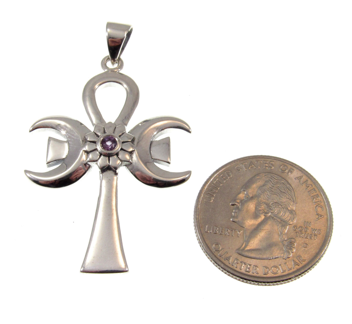 Solid 925 Sterling Silver Triple Moon Goddess Ankh, Amethyst Pendant, Egyptian Symbol