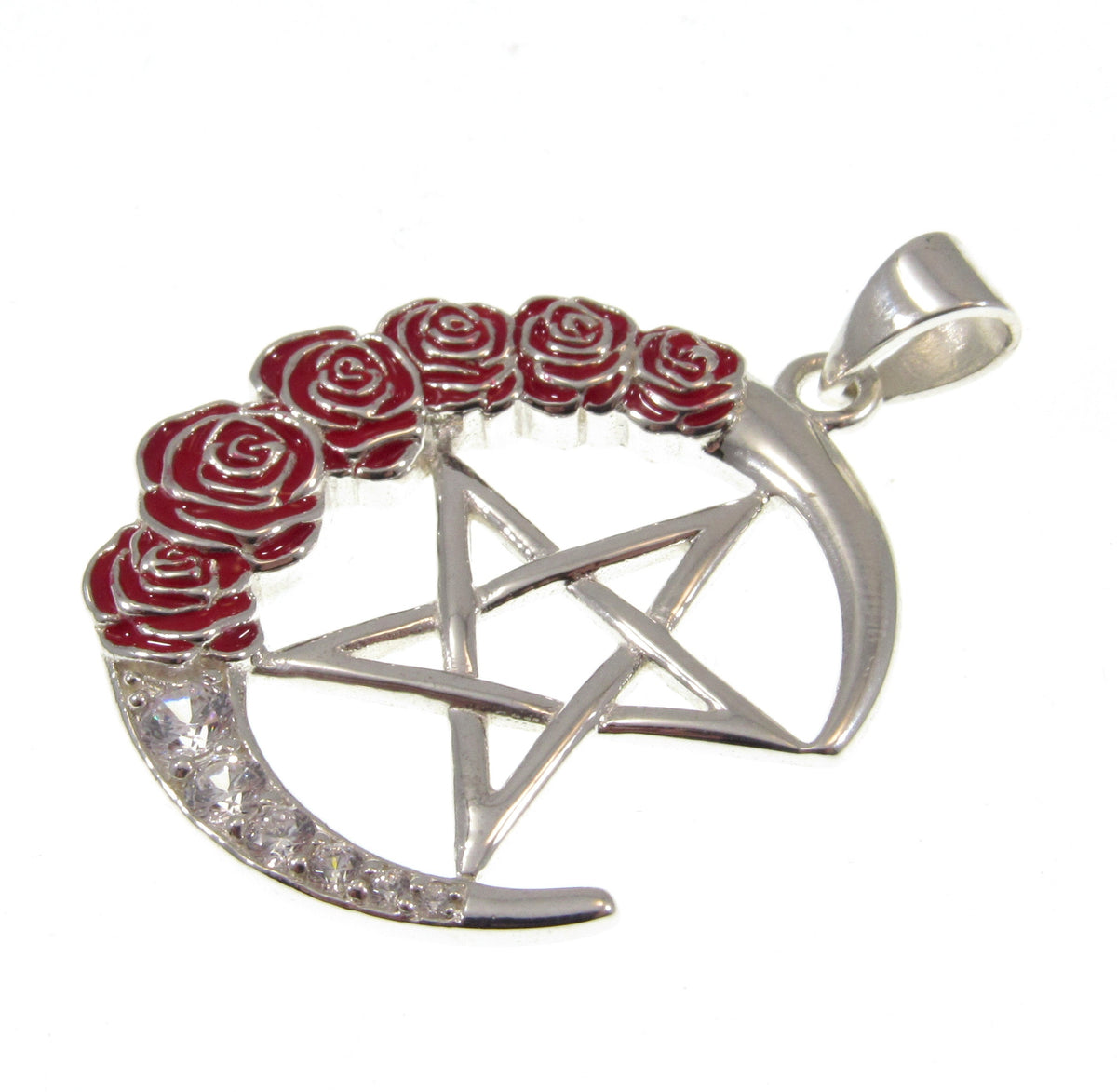 Solid 925 Sterling Silver Crescent Moon Pentagram Pendant Red Enamel Roses CZ Wiccan Amulet