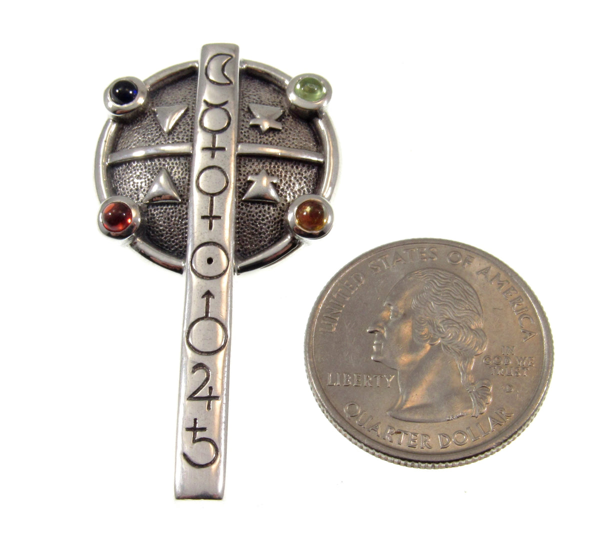 925 Sterling Silver Astrologer’s Cross Pendant – Occult Talisman with Amethyst, Garnet, Peridot & Amber