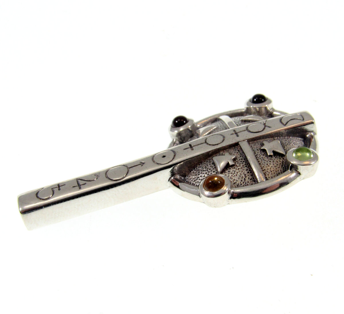 925 Sterling Silver Astrologer’s Cross Pendant – Occult Talisman with Amethyst, Garnet, Peridot & Amber