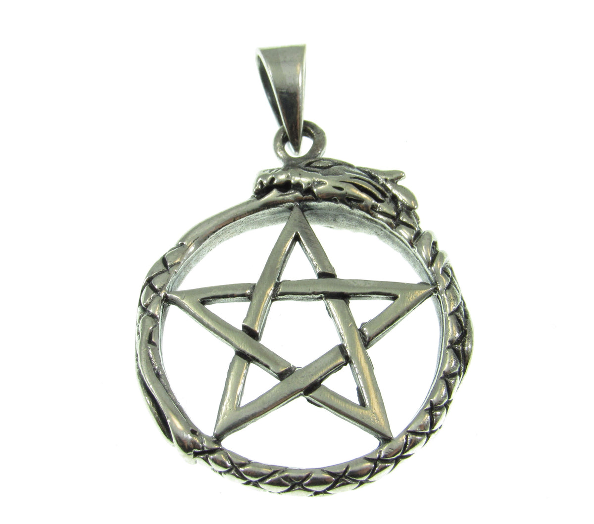 Solid 925 Sterling Silver Ouroboros Pentacle Pendant, Serpent Petagram, Pagan Amulet, Occult Jewelry